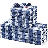 homing Buffalo Plaid Kitchen Towels and Dishcloths Set, 12" x 12" and 13" x 28", Set of 8 Bulk Cotton Waffle Weave Dish Towels, Super Soft Absorbent Hand Towels for Kitchen, Blue & White