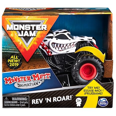 Unbekannt Monster Jam 6053252 Jam-6053252-Original Mutt Dalmatian Rev ‘N Roar Monster Truck mit Soundeffekt, Maßstab 1:43, Mu