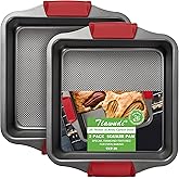 Tiawudi 9" Square Cake Pan Set of 2, 0.8mm Thick Heavy Duty Bakeware with Diamond Texture for Even Heating, Nonstick Baking Pan for Bread, Brownies & Lemon Bars, Cake Mold with Silicone Grip Handles