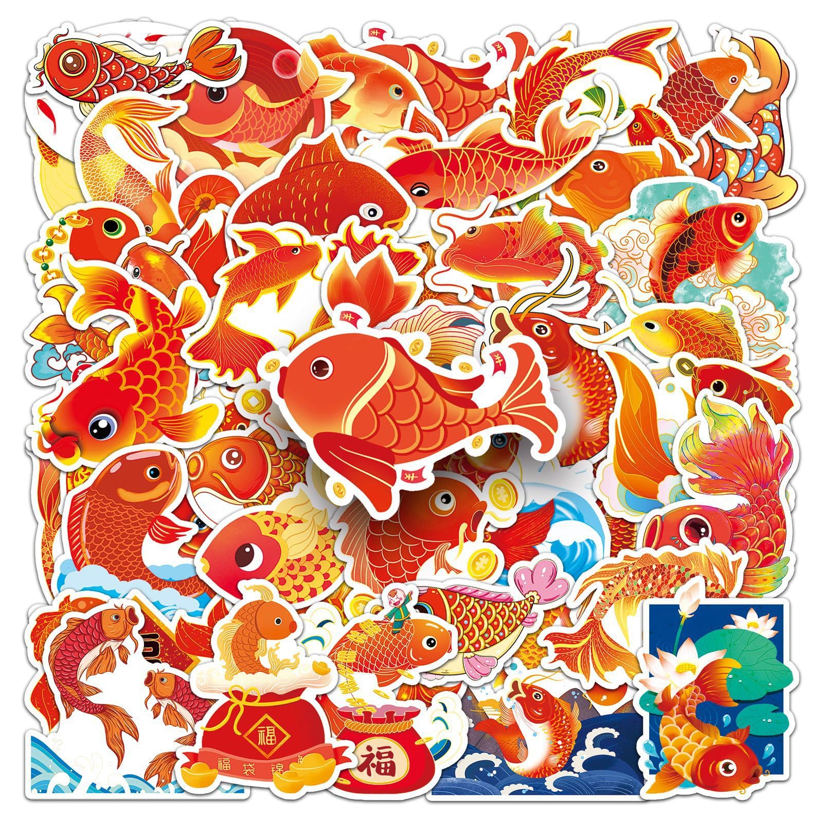 50PCS Koi Stickers for Luggage,Guitar,Computer,Skateboard,Water Bottle,Scrapbook,Car,Helmet,Laptop,Bike,Cup,Cute Carp Waterproof Vinyl Stickers,Gift for Adults Boys Girls Teens,Cartoon Fish Decals