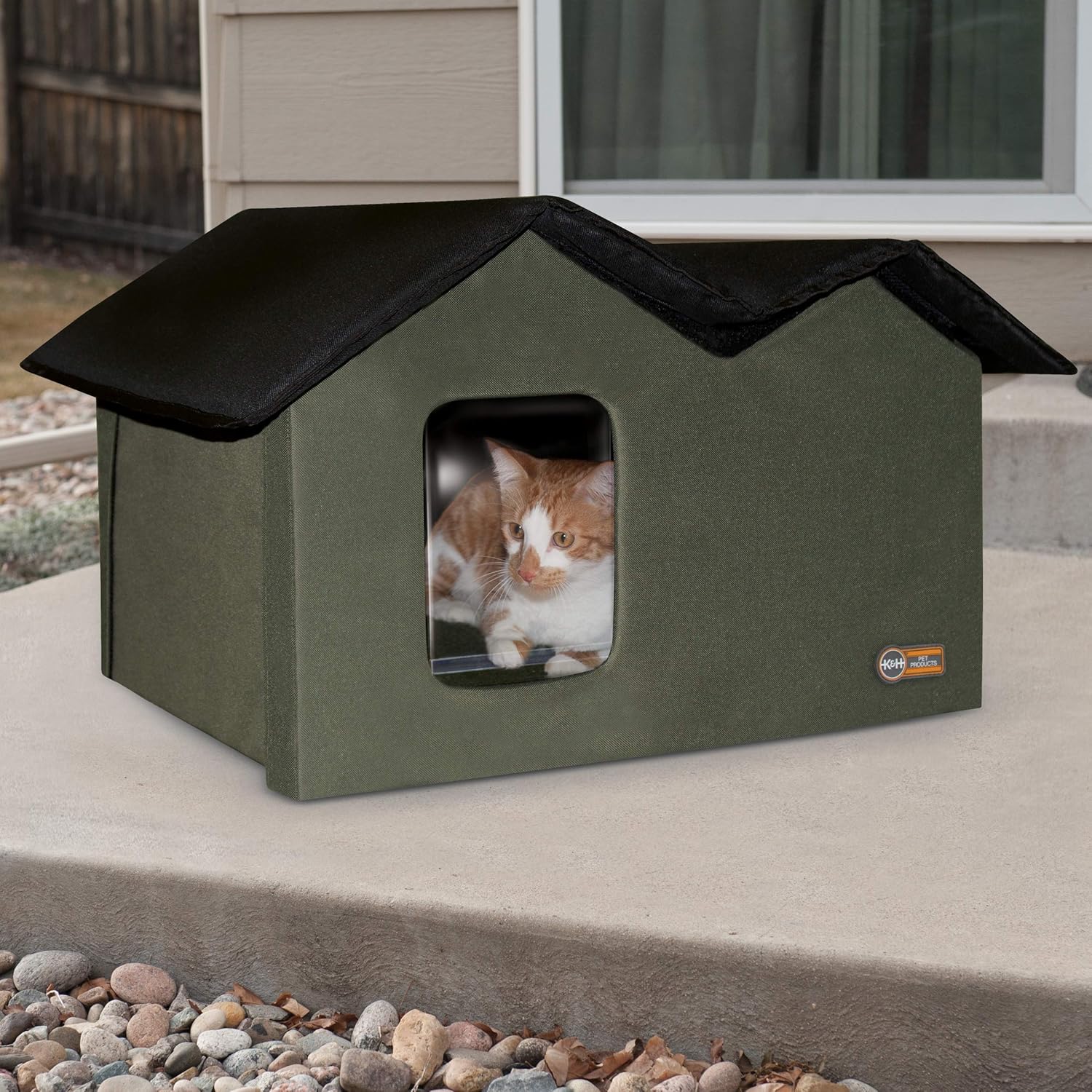 K&H Pet Products Outdoor Heated Kitty House Extra-Wide Olive/Black 26.5" x 15.5" x 21.5" 20W : Pet Supplies