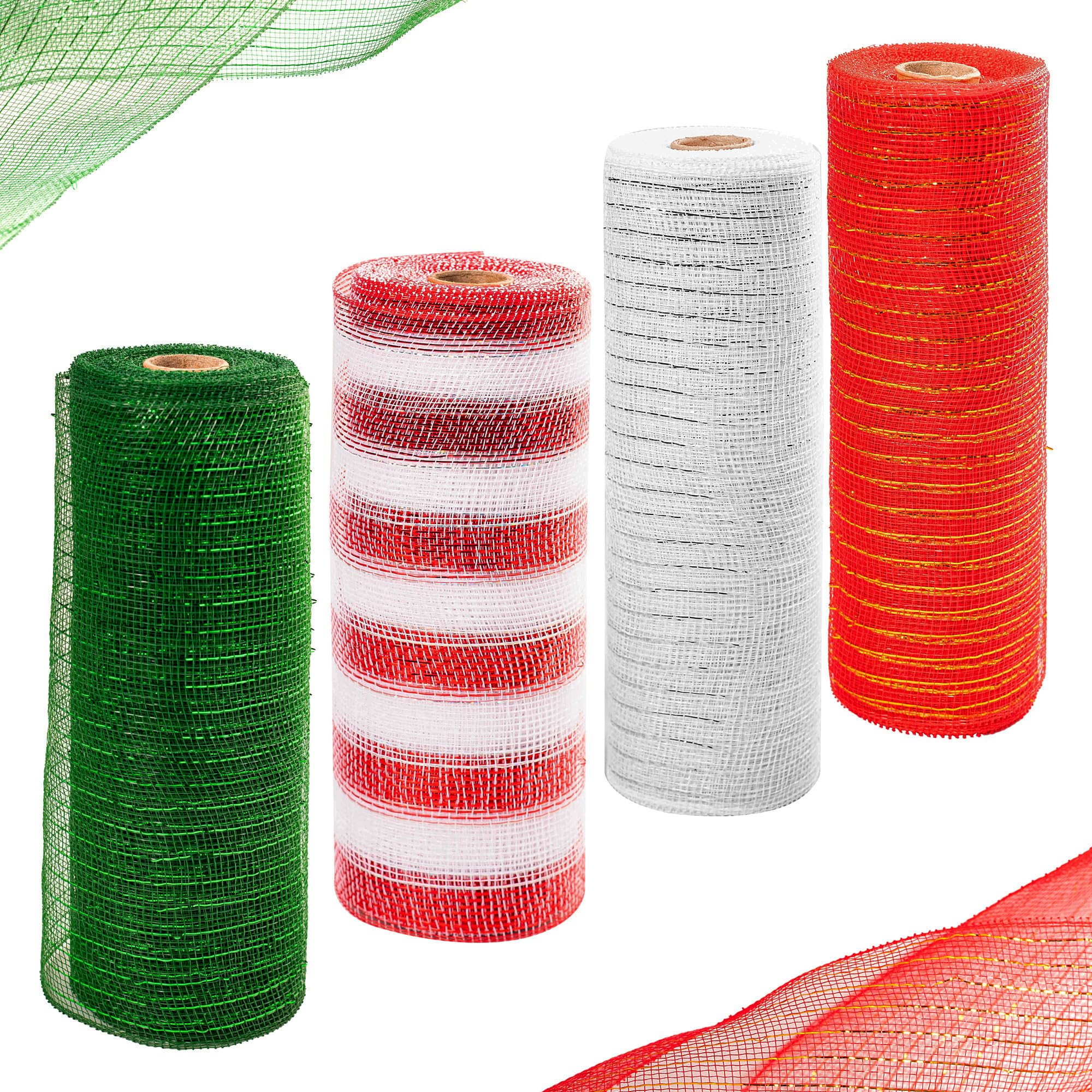 4 Rolls Christmas Deco Mesh Rolls for Wreath Making 10 inch x 10 Yards White Stripe Green Red Xmas Poly Ribbon Christmas Mesh Ribbon Rolls for Xmas Wreath Tree Garland Crafting Decorations