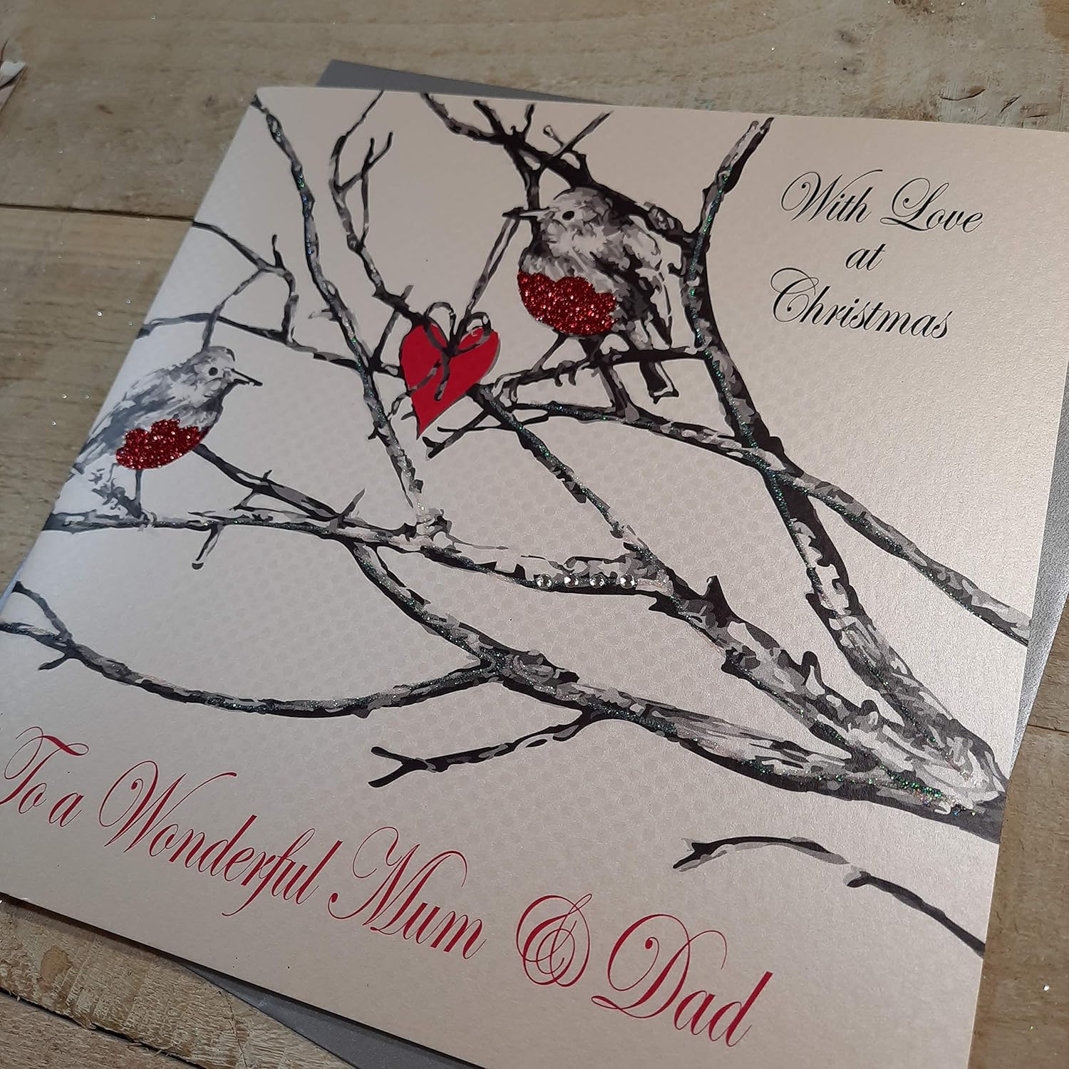 WHITE COTTON CARDS With Love Wonderful Mum & Dad, Handmade Large Christmas Card, (Code XEX51, Robin), 22cm x 22cm - Image 4