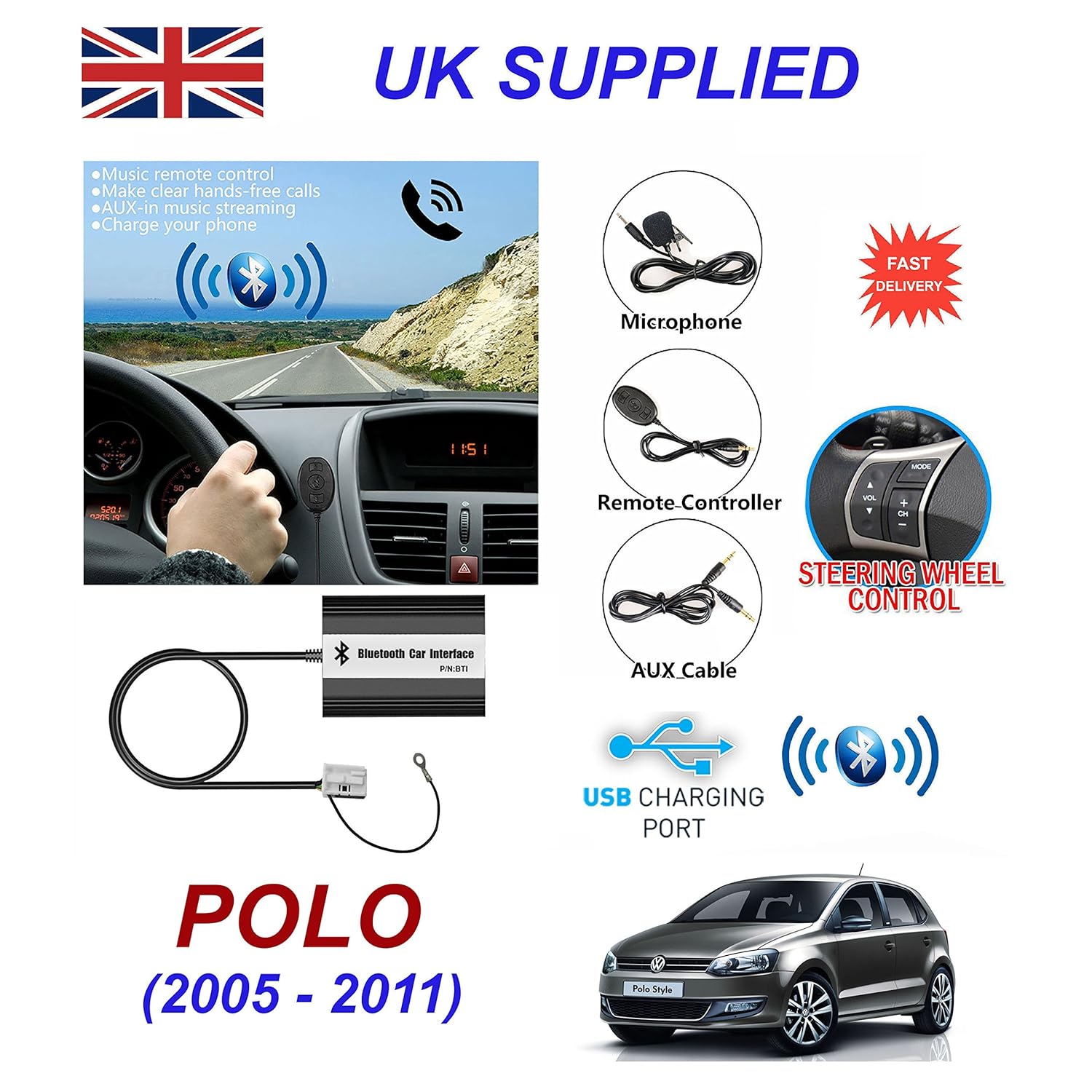 VW Polo Bluetooth adapter music streaming handsfree calls 2004on