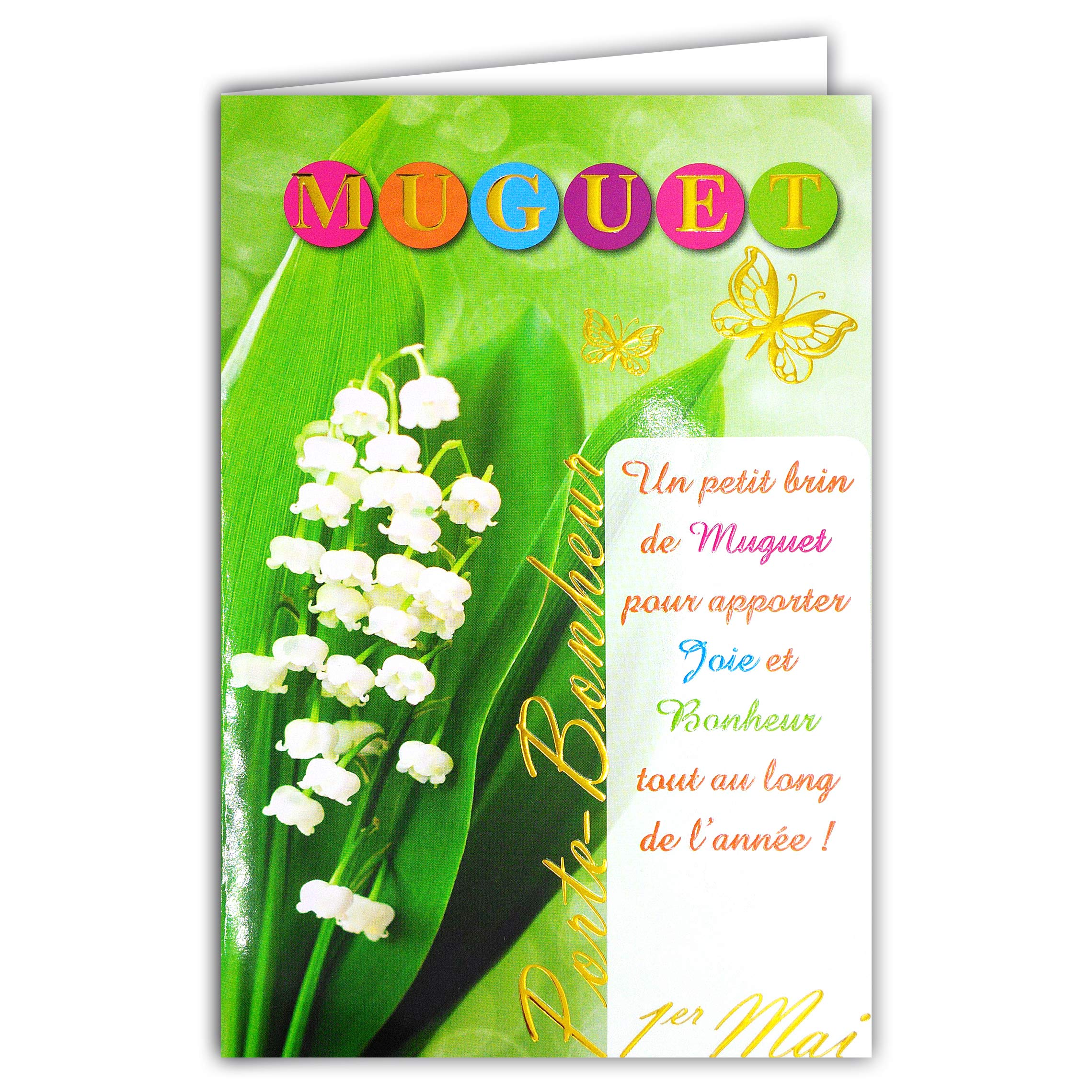 Afie 68-1047-A Lucky Card with Yellow Envelope Lily of The Valley 1st May Gold Shiny Bouquet 13 White Bells Flowers Butterflies Party Spring