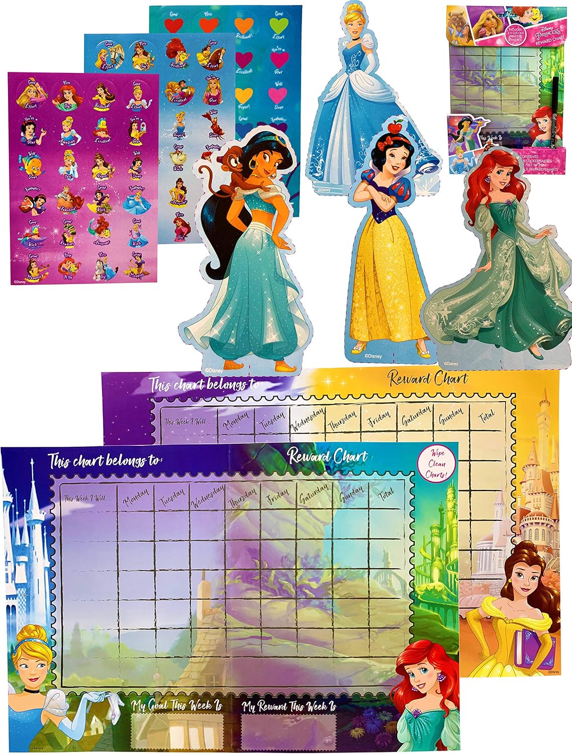 Disney Princess Reward Chart with Stickers - 2 Reward Charts 72 Reward Stickers 1 Pen 4 Princesses Cut Out - Behaviour Charts for Children & Toddlers - Potty Training - Kids Weekly Planner