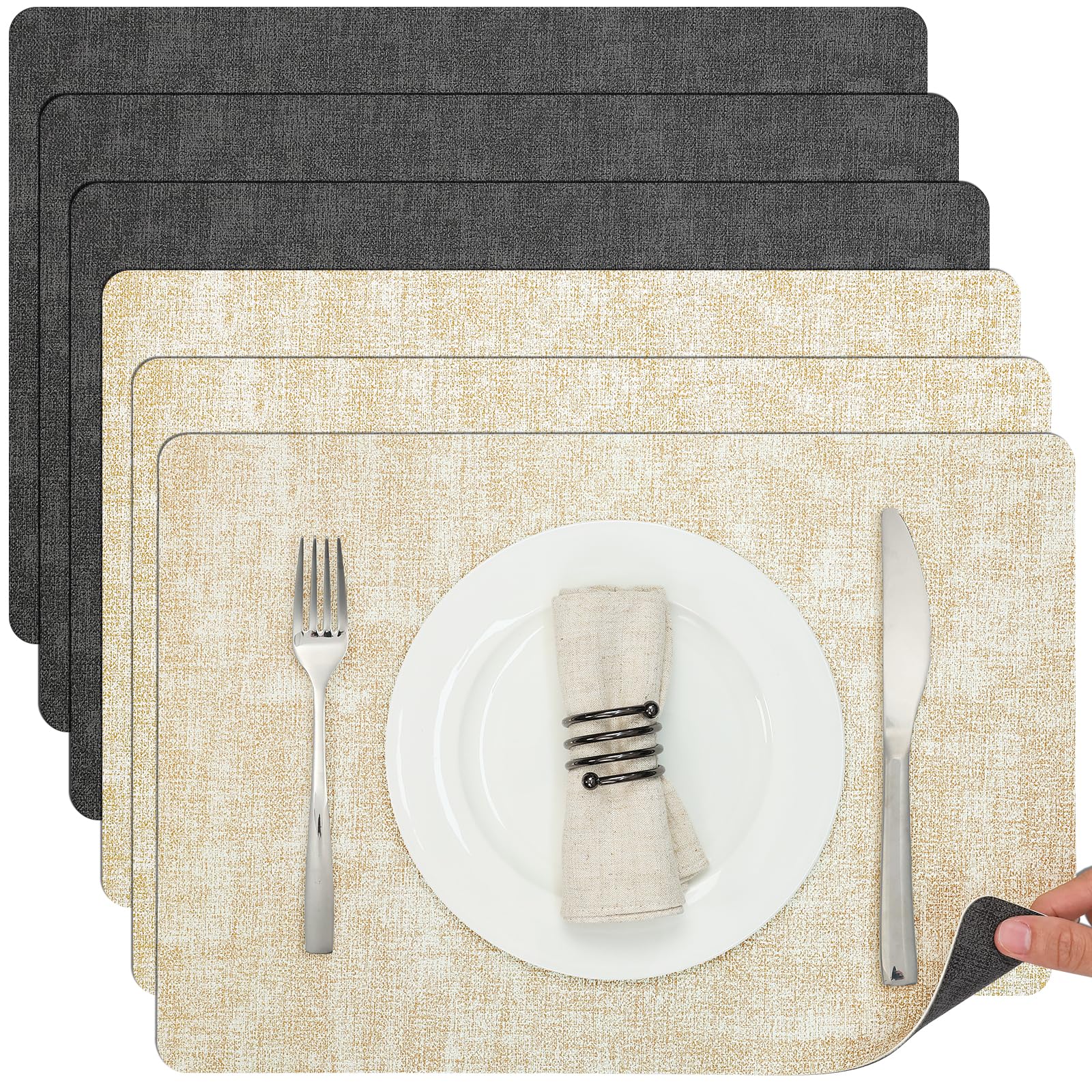 Photo 1 of Myir JUN Dual Sided Faux Leather Placemats Set of 6 Indoor/Outdoor Square Non-Slip Washable Table Mats (Gray Cream-White)