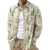 JOTOOK Mens Printed Corduroy Shirts Long Sleeve Button Down Lightweight Casual Shirt Vintage Transitional Shacket