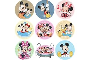NEKPIAHU 8Pcs Diamond Painting Coasters with Holder,DIY Cartoon Life Coaster Diamond Art Kits for Adults Kids,Beginners Round Full Drill Diamond Art Craft Supplies