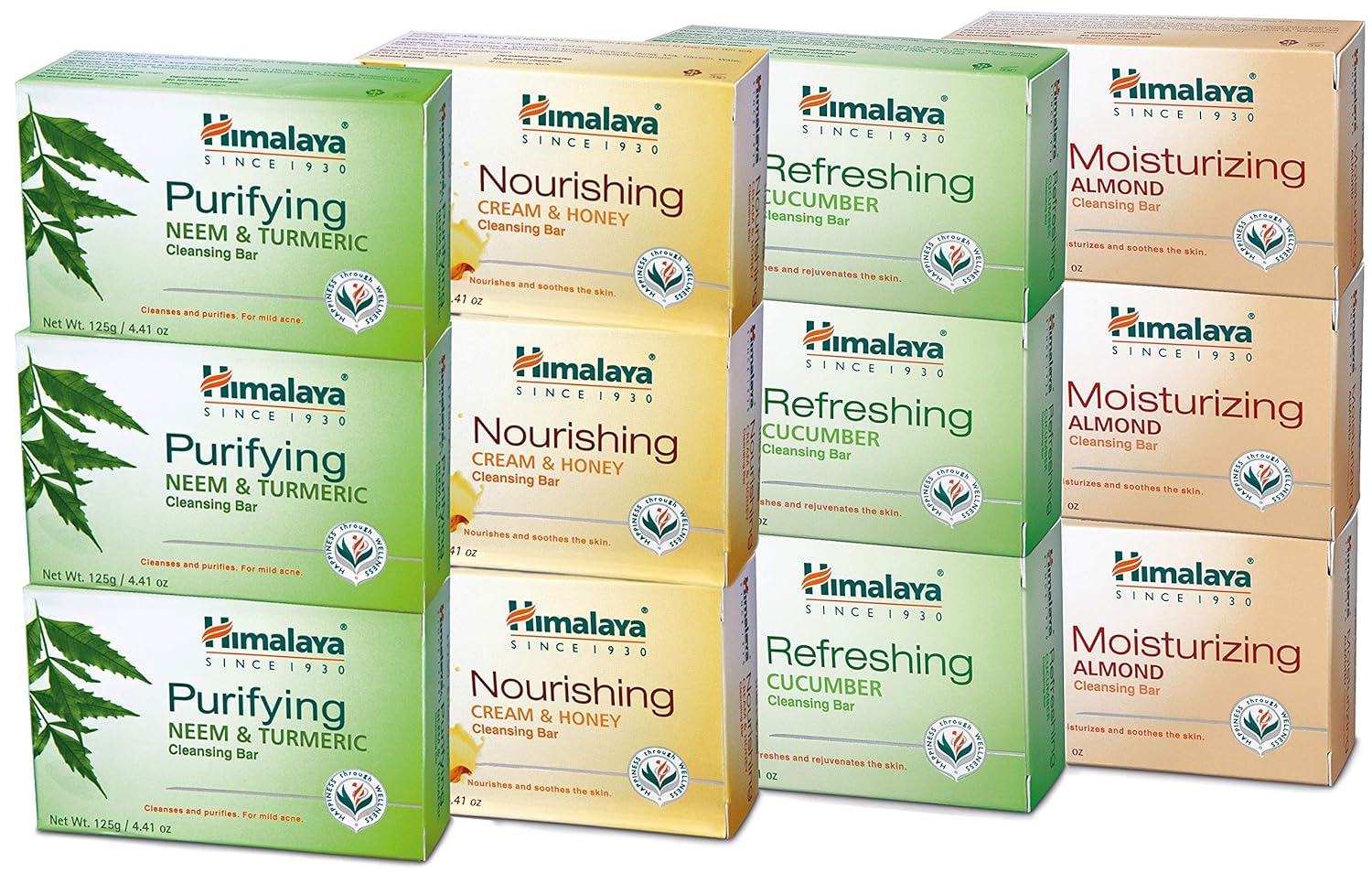 Himalaya Cleansing Bar Soaps Variety Pack, Neem & Turmeric, Almond, Cream & Honey and Cucumber, 4.41Oz/125g (12 Pack)