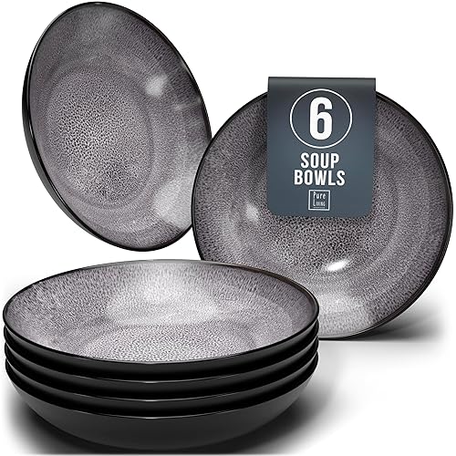 Stylish Stoneware Dinner Set - 6-Piece Deep Plates Set - Ibiza Series Deep Plates - Elegant Pasta and Soup Bowls for 6 - Pure Living Collection in Dark Grey