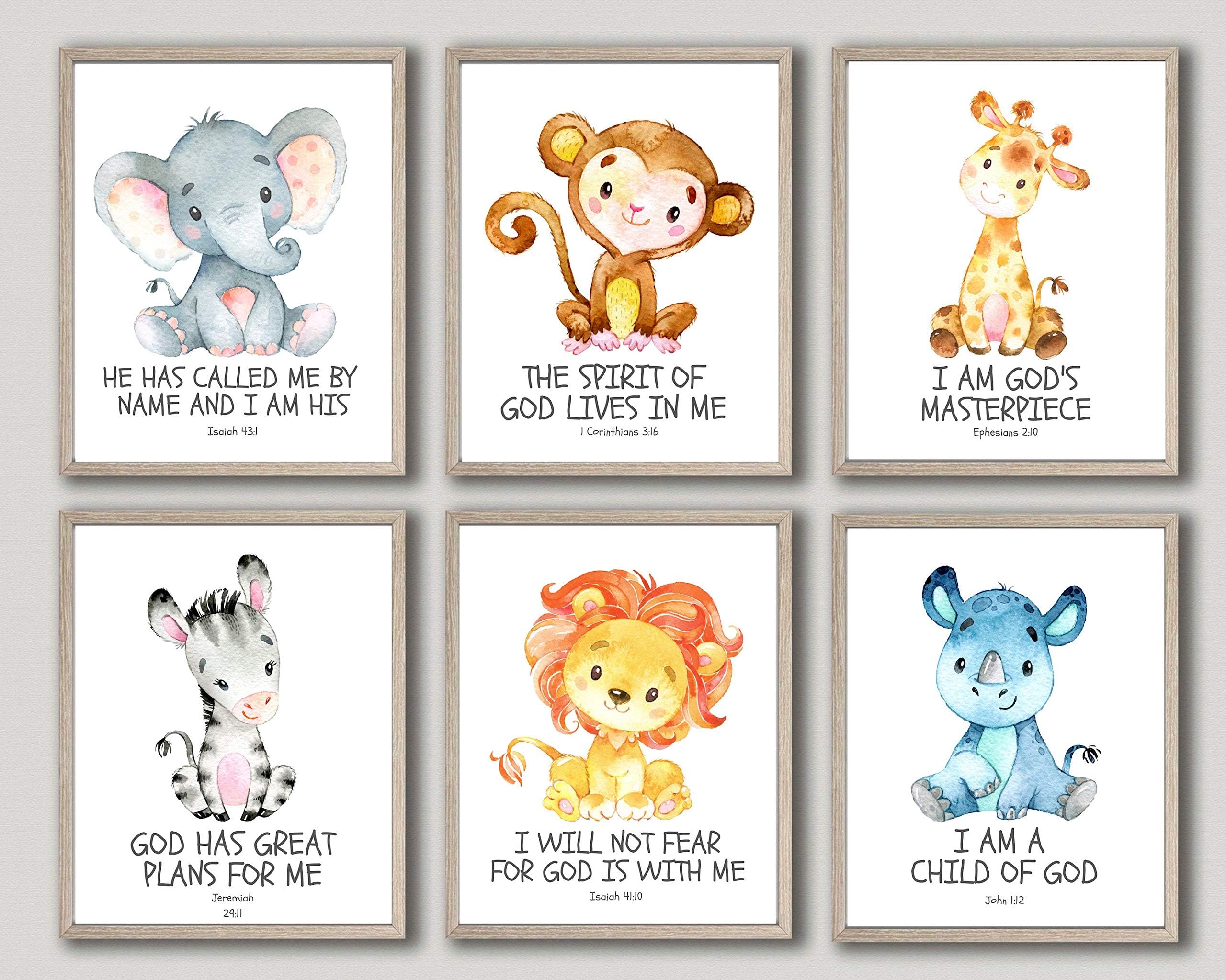 Bible Verse Animal Prints Set of 6 Watercolor Safari Theme Posters Baby Shower Gift Scripture Wall Art Nursery Wall Decor Kids Room