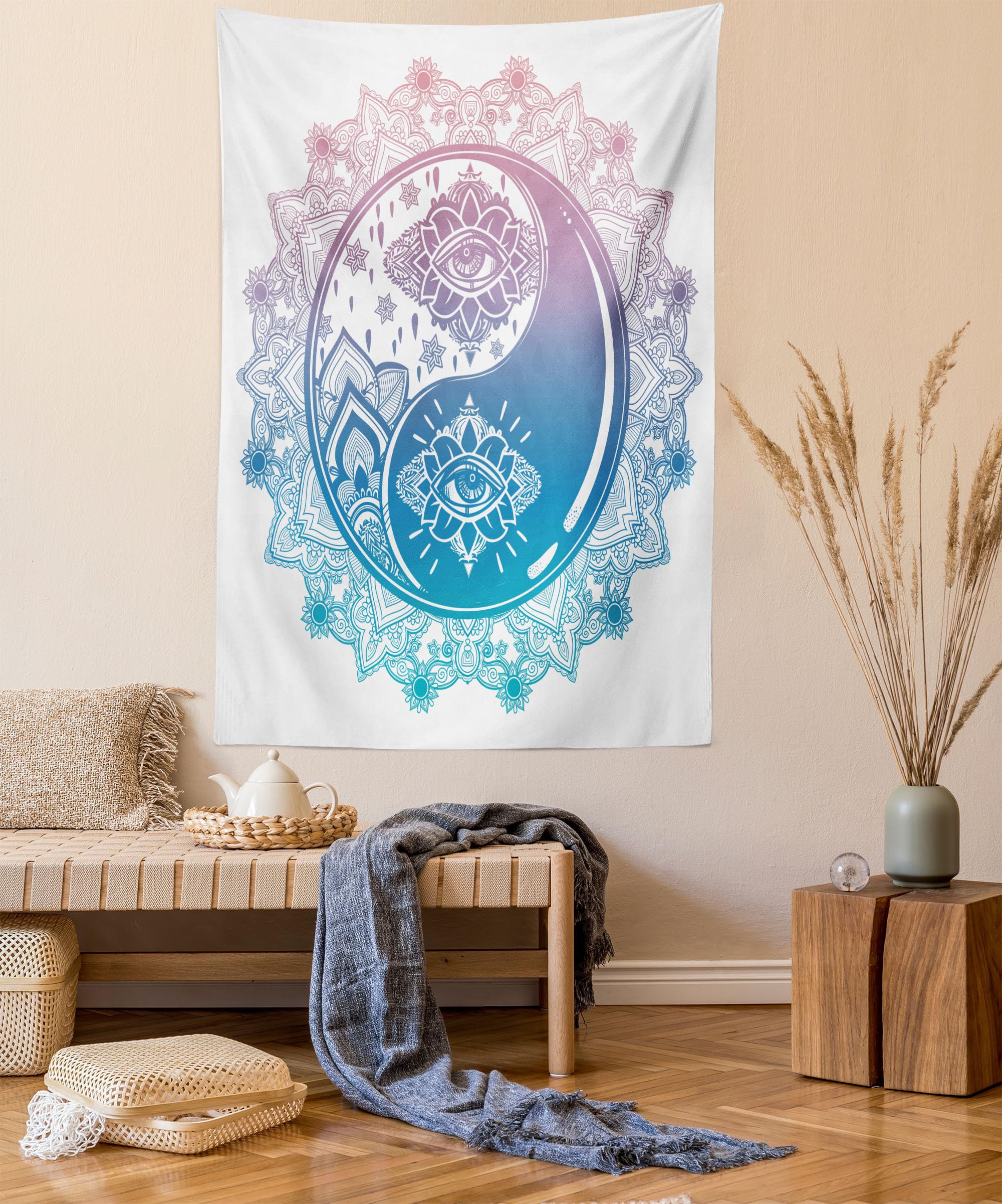 ABAKUHAUS Ying Yang Tapestry, Mandala Round Ombre Pattern with Yin Yang Third Eye Cultural Zen Mystic Asian Art, Fabric Wall Hanging Decor for Bedroom Living Room Dorm, 43 W X 58 L, Pink Blue