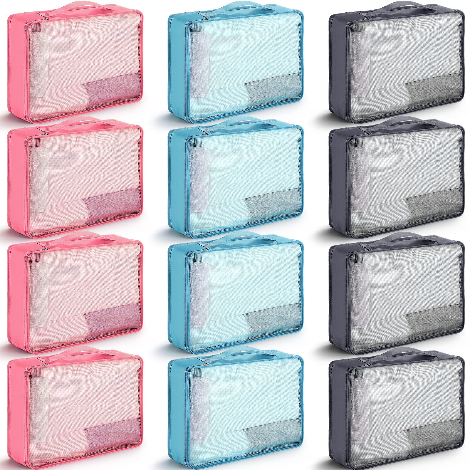 Photo 1 of 12 Pcs Large Packing Cubes Luggage Organizers for Suitcase Mesh Travel Organizer Bags Travel Packing Organizers for Traveling Camping Hiking (Dark Gray, Pink, Blue, 15.8 x 11.8 x 4.3 Inch)