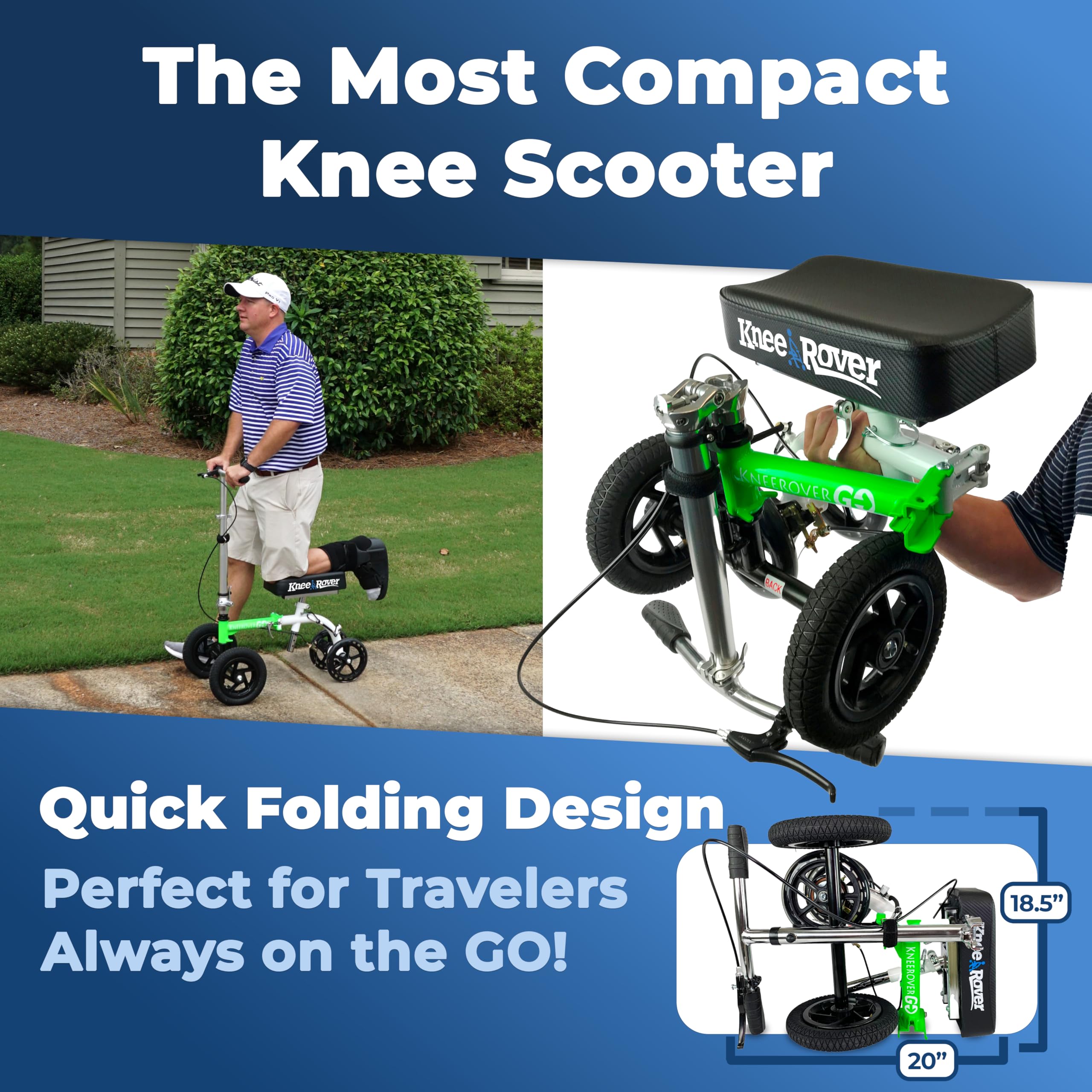 KneeRover GO Hybrid - Most Compact All Terrain Knee Scooter for Adults for Foot Surgery Heavy Duty Knee Walker for Broken Ankle Foot Injuries Recovery Leg Scooter Best Knee Crutch Alternative (Green)