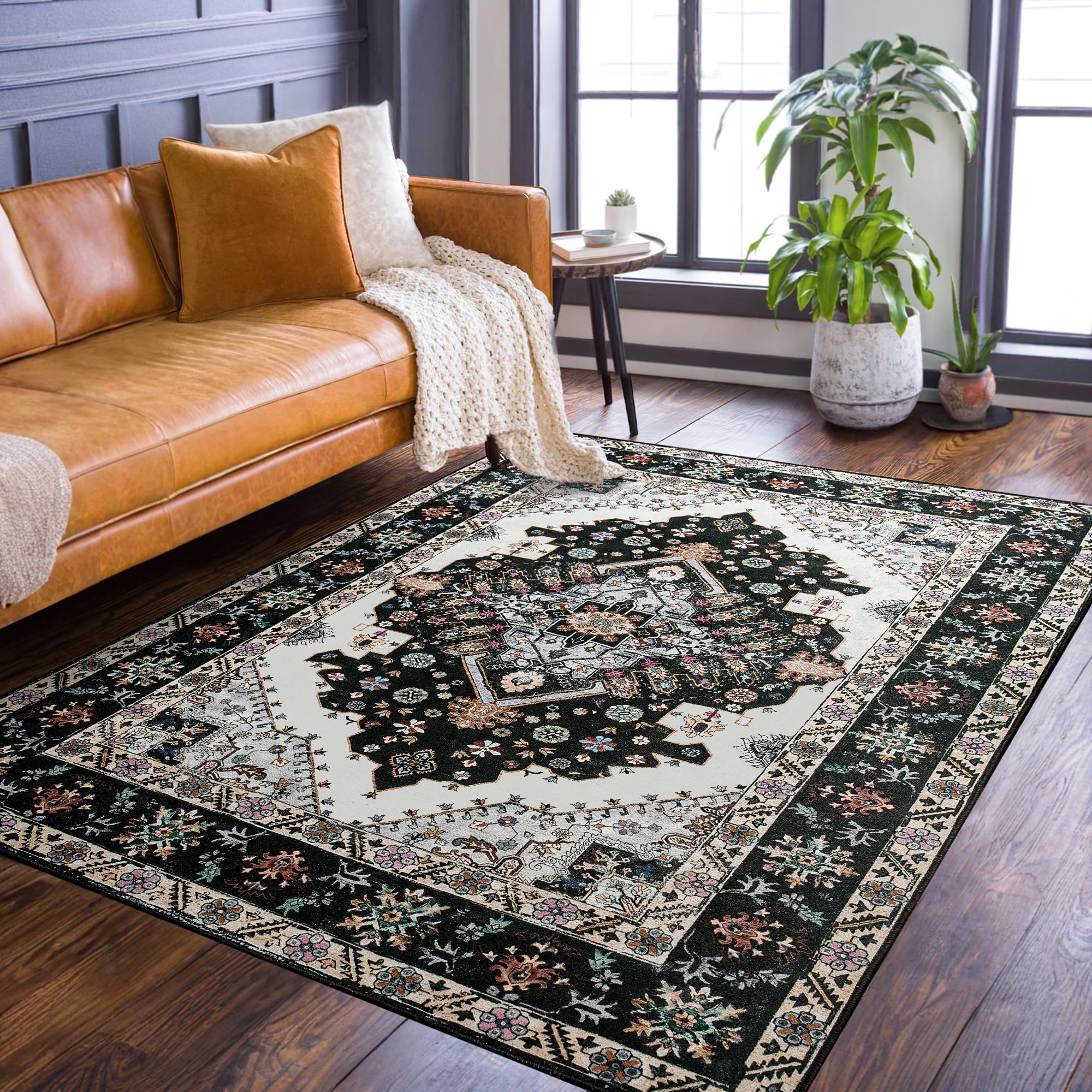 Photo 1 of Noahas Black 4x6 Area Rugs for Bedroom, Vintage Machine Washable Rug,Low Pile Print Large Rug with Rubber Backing Non-Slip Carpet for Living Room,Kitchen,Dining Room,Home Office,Home Decor
