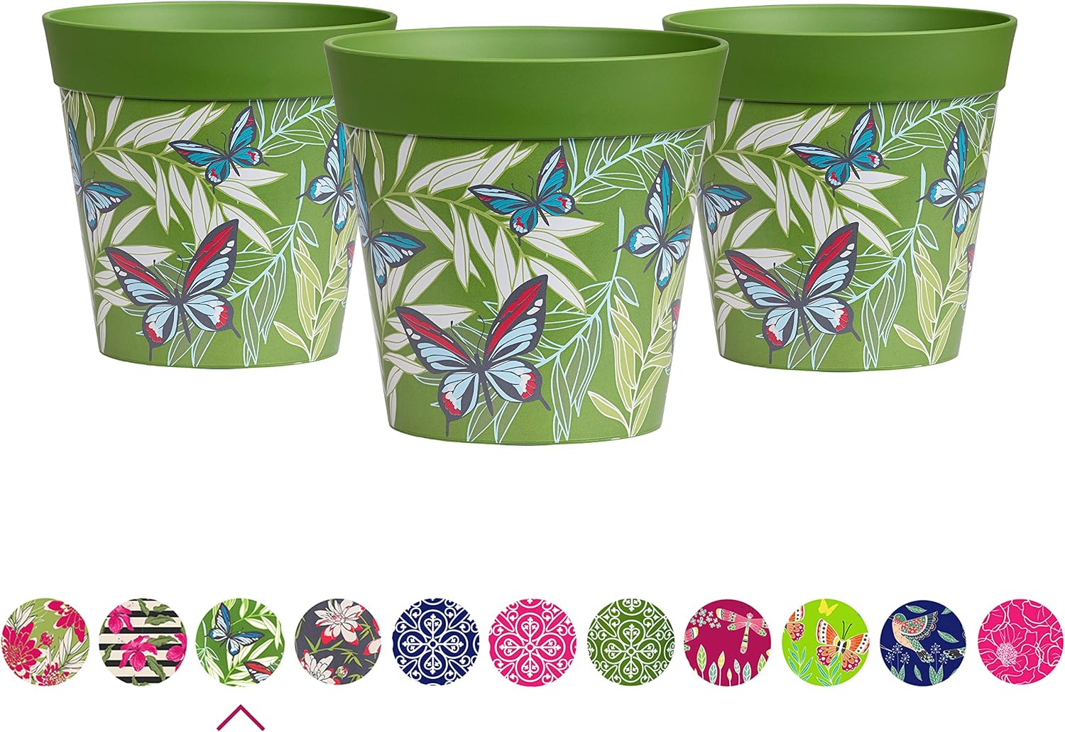 Hum Flowerpots, 15cm Set of 3, Various Patterns Colours and Sizes, Indoor/Outdoor Plastic Plant Pots, Green Butterfly Palm
