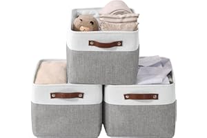 DECOMOMO Storage Baskets for Shelves - Fabric Storage Bins, Linen Closet Organizers and Storage (Grey & White, Large - 3 Pack