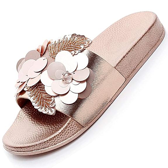 Pantoletten Damen Sommer Flach Bade Schlappen mit Blumen Strass Frauen Weiche Rutschfest Strand Badeschuhe Gr.36-41
