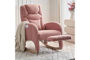 ZKZLAT Rocking Chair with Foot Rest, Nursery Glider Teddy Gliding Rocking Chair with Retractable Footrest Rubber Wood Legs Side Pocket High Back & Wide Seat Nursing Chair for Living Room (Pink)