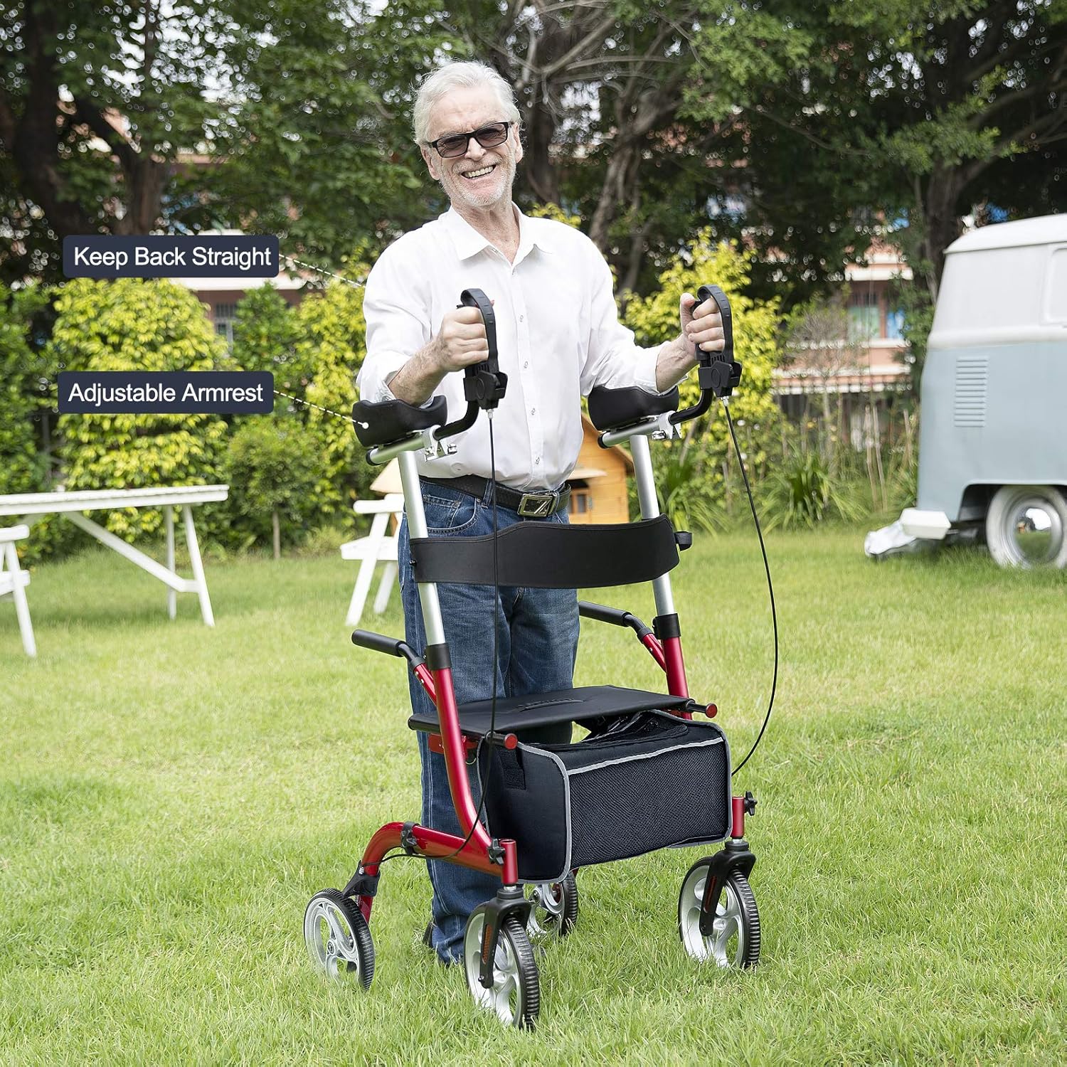 Rinkmo Rollator for Seniors and Adults Stand Up Folding Rollator with Seats and 10” Wheels, Padded Armrest and Backrest, Tall Rolling Mobility Aid with Basket: Health & Personal Care