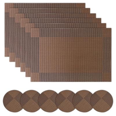 Miorkly Placemats and Coasters Set of 6 Dark Brown 45x30cm PVC Woven Vinyl
