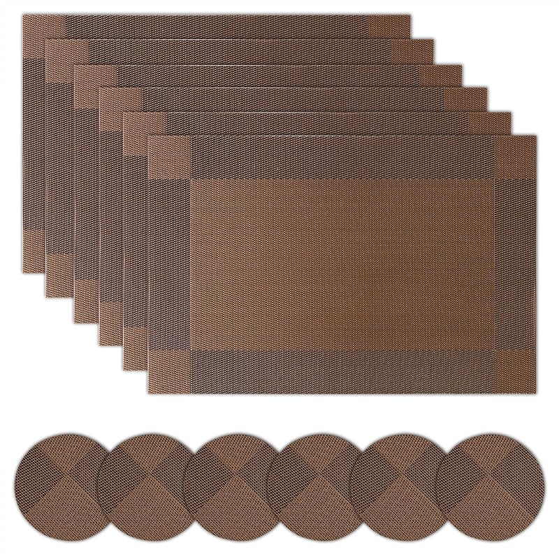 Miorkly Placemats and Coasters Set of 6 Dark Brown 45x30cm PVC Woven Vinyl
