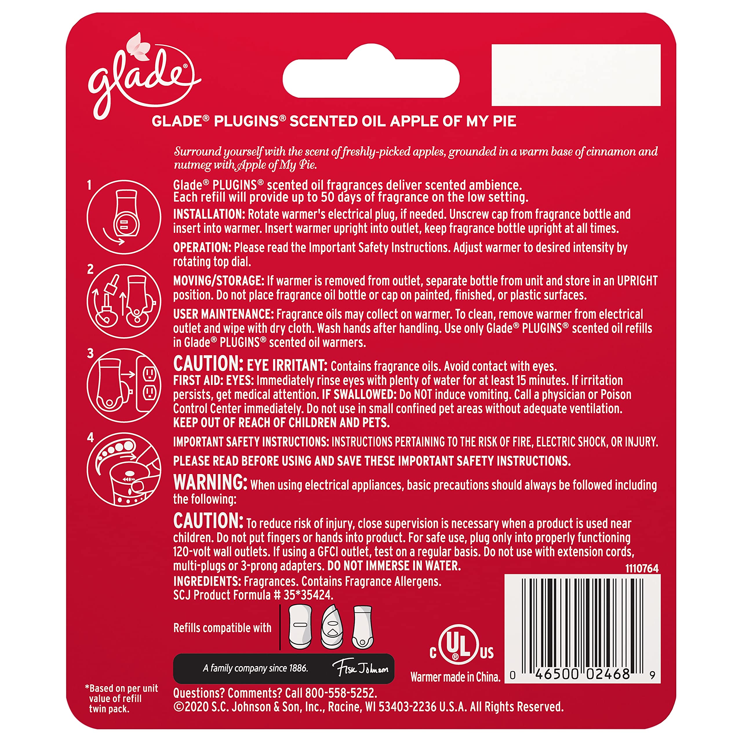 Glade PlugIns Refills Air Freshener Starter Kit, Scented and Essential Oils for Home and Bathroom, Apple of My Pie, 0.67 Fl Oz, 1 Warmer + 1 Refill