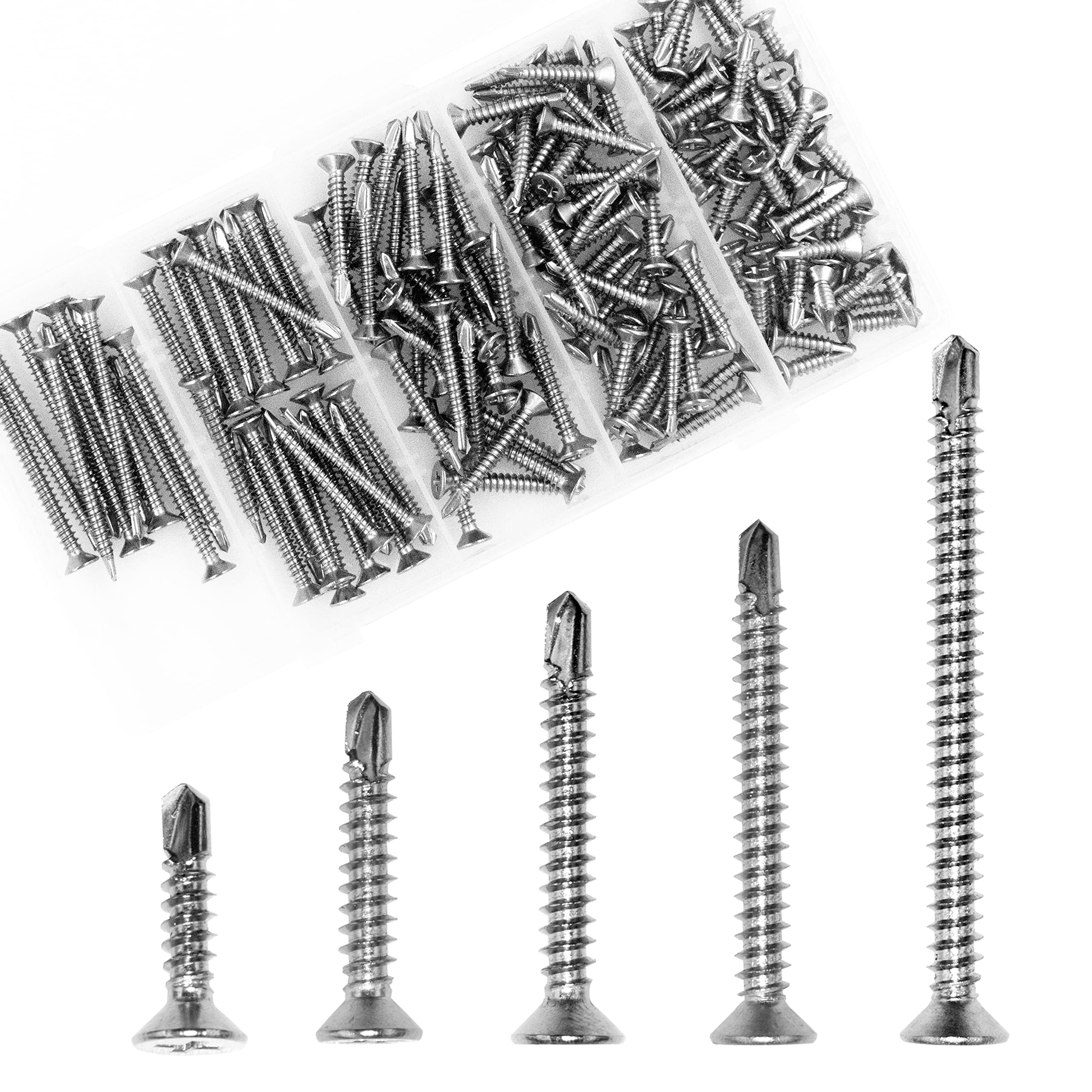 OMOTOOL Self Tapping Screws Assortment Kit(150pcs),Stainless Steel Self Drilling screws Suit for Woodworking and metal,5 Size Assortment