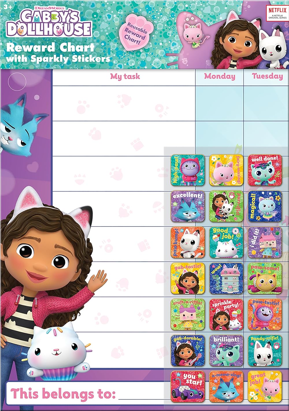 Paper Projects Gabby's Dollhouse Reward Chart 56 Sparkly Stickers Wipe-Clean