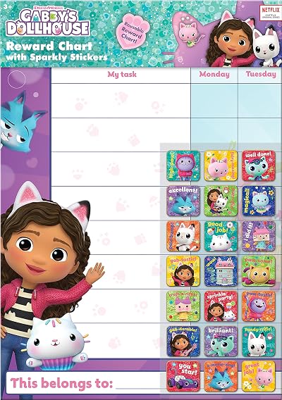 Paper Projects Gabby's Dollhouse Reward Chart 56 Sparkly Stickers Wipe-Clean