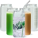 Set of 6 Ribbed Can Shaped Glass Cups with Glass Straws - 16oz Can Glass Drinking Glasses, Iced Coffee & Ice Tea Glasses, Clear Kitchen Tumbler Cup Cocktail Glass for Soda, Kiddush Cups & Sets