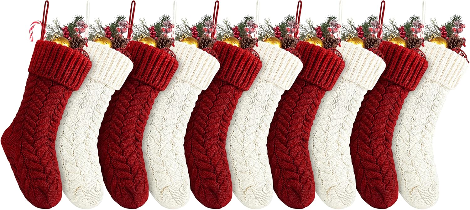 Stockings & Holders - Fesciory 18 Inches Christmas Stockings Bulk, 10 Pack Large Size Cable Knitted Fireplace Hanging Stockings for Family Holiday Xmas Party Decorations, Burgundy&Ivory White