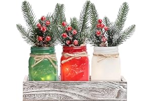 MARACCO Christmas Mason Jars, Christmas Centerpiece for Table, Set of 3 Colorful Mason Jars with Lights & Artificial Plants, Kitchen Xmas Dining Table Decoration, Winter Home Decor