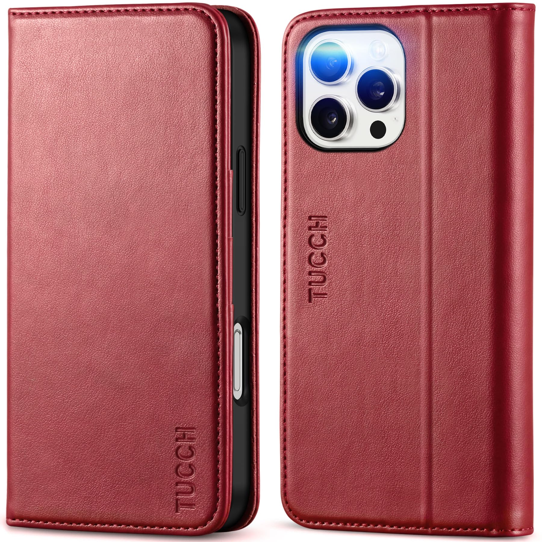 TUCCH Wallet Case for iPhone 16 Pro Max (6.9") 2024, PU Leather Stand Folding Case with[RFID Blocking][Shockproof TPU][Card Slot]Kickstand, Protective Folio Compatible with iPhone 16 Pro Max, Dark Red