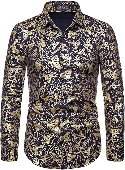 Amazon Ief G S メンズ パーティードレスシャツ ゴールド ペイズリープリント ラグジュアリー デザイン 長袖 光沢 ディスコ用 Tシャツ カットソー 通販