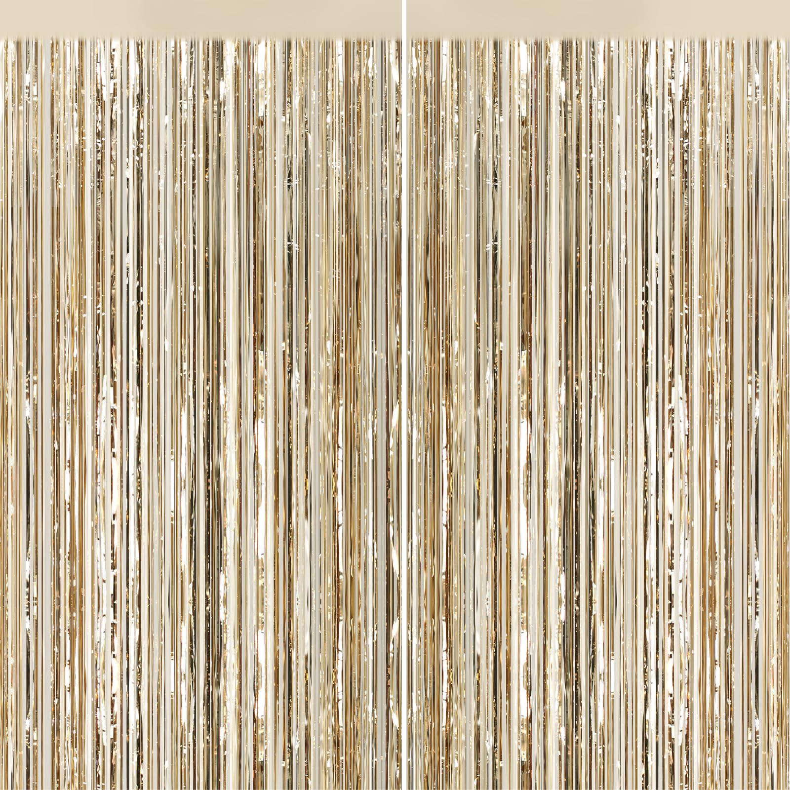 Photo 1 of 2Pack Champagne Gold Foil Fringe Backdrop Curtains, Tinsel Door Streamers, Fringe Backdrop for Graduation New Years Eve, Graduation, Birthday, Wedding, Baby Shower, Gender Reveal, Disco Party Decors
