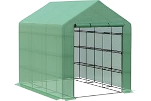 Outsunny 8' x 6' x 7' Walk-in Greenhouse, PE Cover, 4-Tier Shelves, Steel Frame Hot House, Roll-Up Zipper Door for Flowers, Vegetables, Saplings, Tropical Plants, Green
