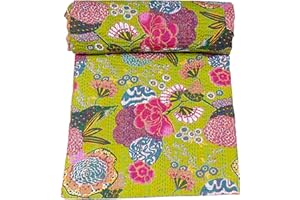 Marubhumi Indian Handmade Stitched Pure Cotton Fruit Print Kantha Quilt, Reversible Kantha Quilt (Parrot Green, King (108"x 108"))