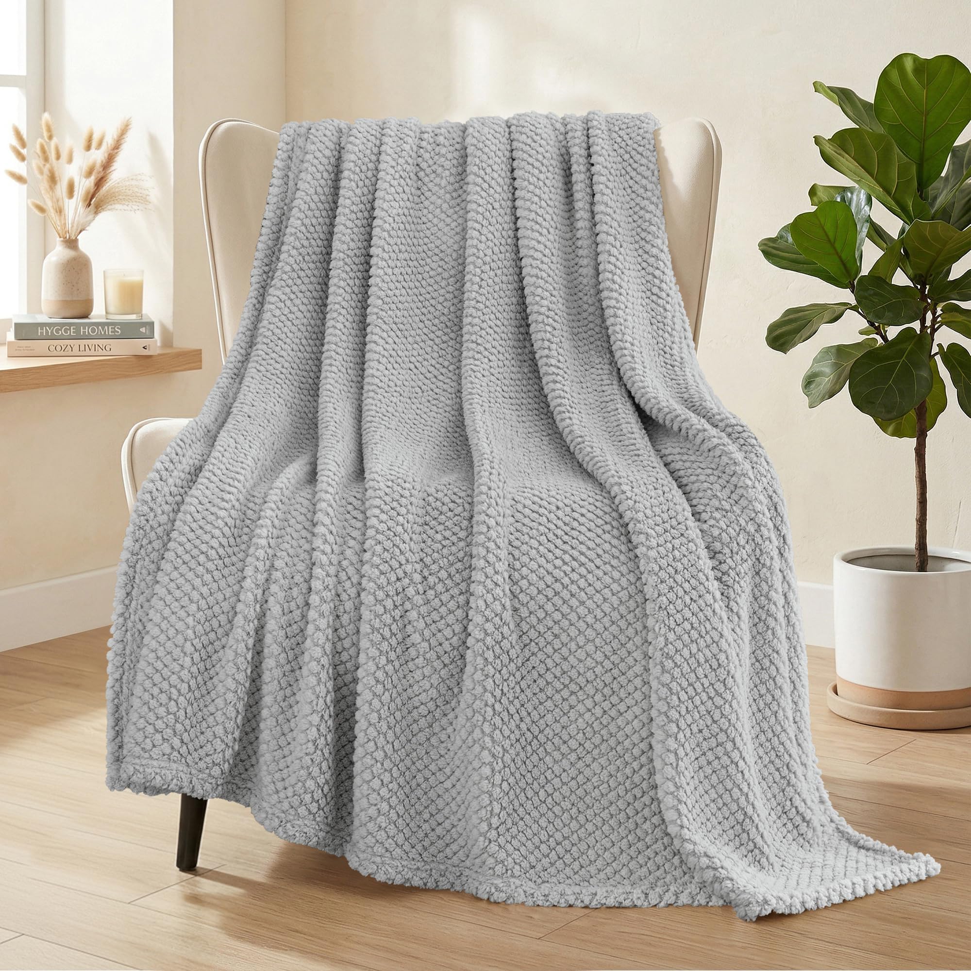 Whale Flotilla Large Fuzzy Fleece Throw Blanket for Sofa, 130x180 CM Fluffy Warm Soft Jacquard Blankets for All Season, Lightweight and Cozy, Light Grey