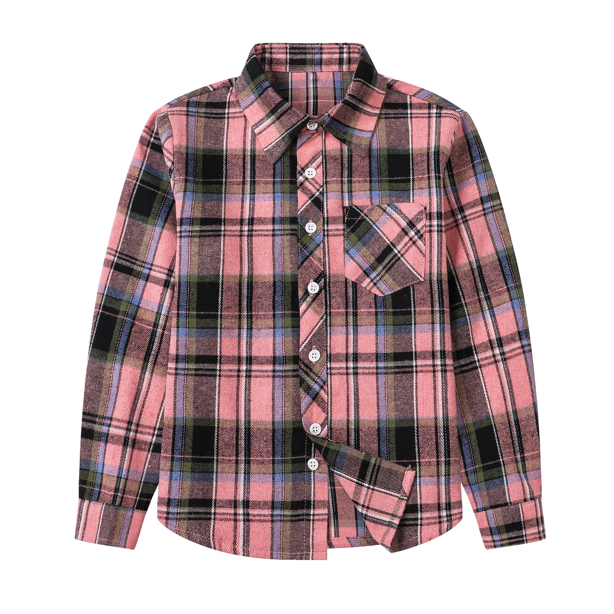 Photo 1 of Betusline Girls' Plaid Flannel Shirt, Kids Long Sleeve Button Button Shirts Tops,F Pink & Green #1?10-11 Years= Tag 170