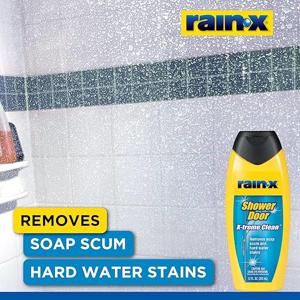 RAIN-X 630035 X-TREME CLEAN SHOWER DOOR CLEANER, 12 FL. OZ, FORMULATED TO CLEAN GLASS SHOWER DOORS – EASY TO USE, REMOVES SOAP SCUM, DIRT, HARD WATER BUILD-UP, CALCIUM, LIME STAINS AND RUST STAINS