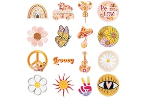 KIRAKO 16Pcs Groovy Retro Hippie Iron on Patches Sew on Embroidered Applique Cute Daisy Rainbow Peace Sign Decorative Repair Patch Boho Aesthetic DIY Craft Accessories for Clothing Backpack Hat Jacket Jeans