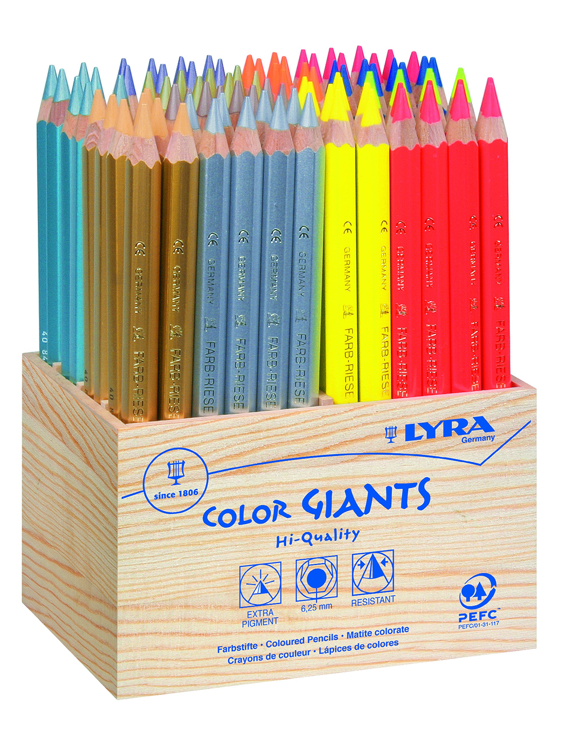 LYRA Color Giants Wooden Large Colouring Pencils, Schoolpack, 96 Pieces Assorted Colours, Metallic & Neon Colours, For Children & Schools