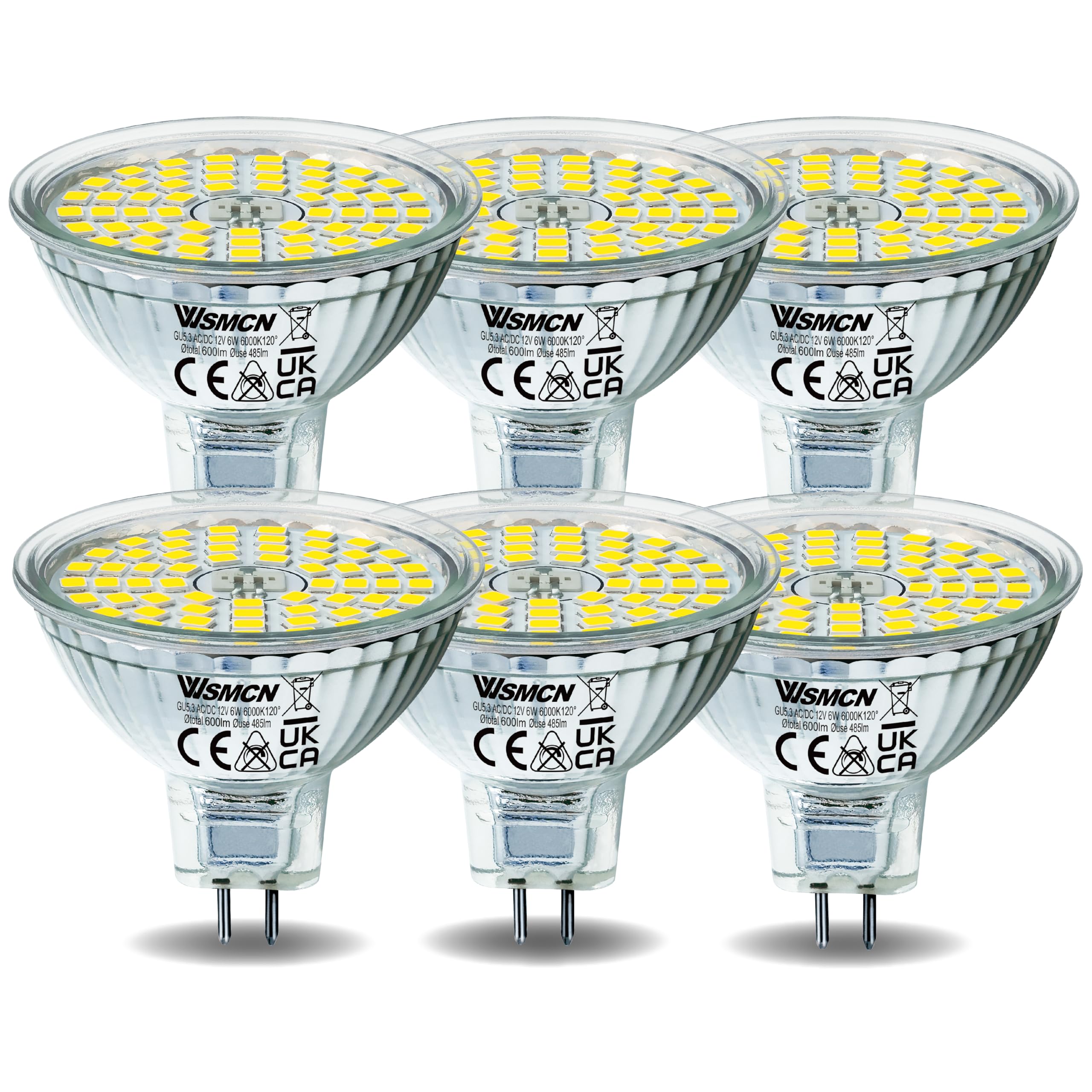 WSMCN MR16 GU5.3 LED Light Bulbs, Cool White 6000K, 6W LED 50W Halogen Equivalent, Bi-Pin Base 12V 485LM, Non Dimmable 120° Beam Angle, Flicker-Free Spotlight, 6-Pack — image 1