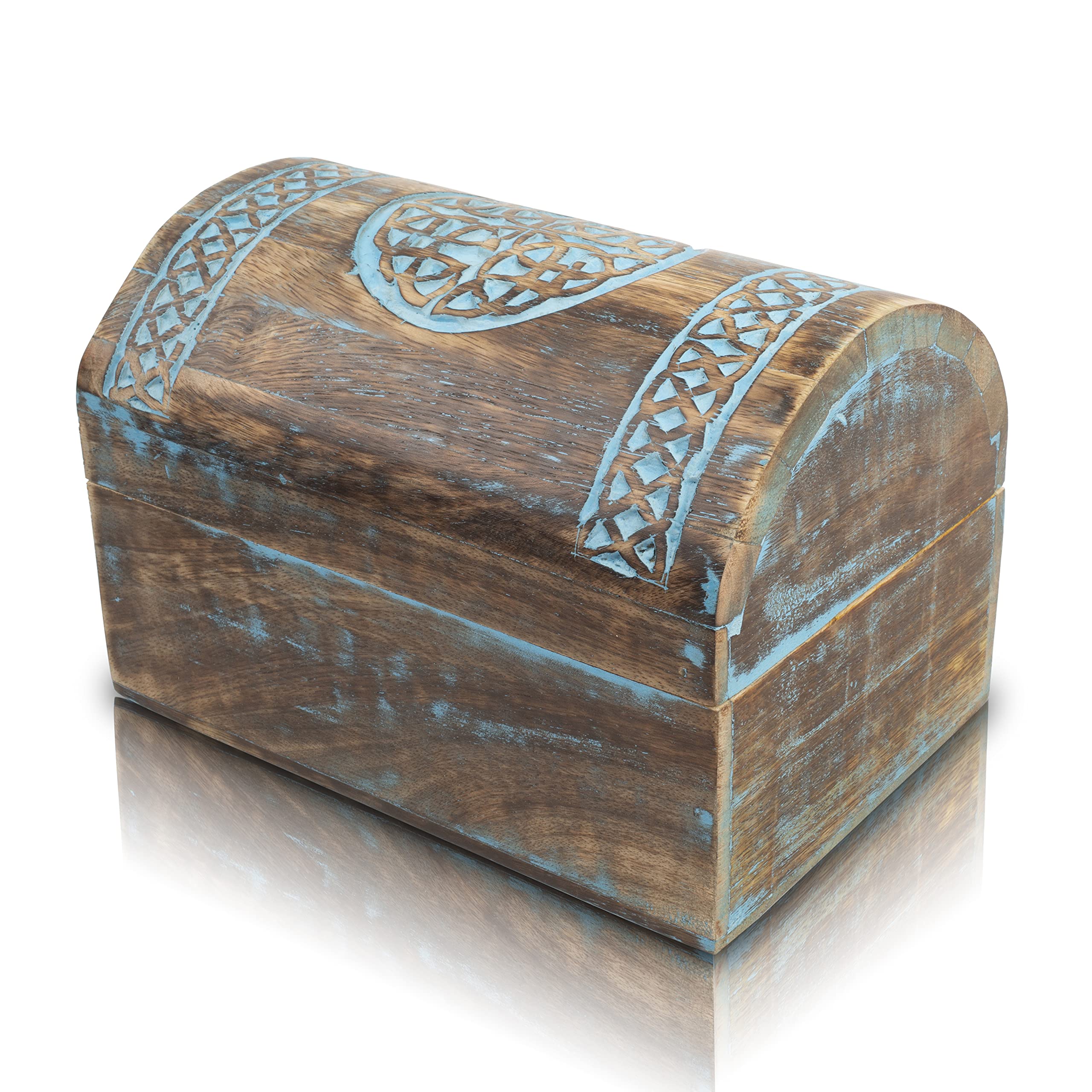Great Birthday Gift Ideas Handmade Decorative Wooden Jewelry Keepsake Box With Celtic Carving Jewelry Organizer Treasure Chest Trinket Holder Watch Storage Box Home Decor (Blue Wash Finish)