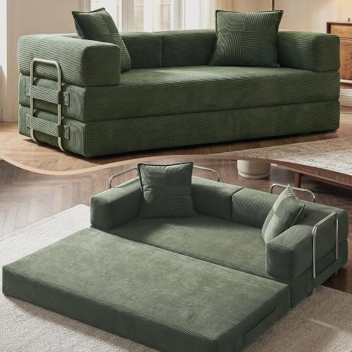 GRUSIGN 78" 5-in-1 Convertible Futon Sofa Bed, Boneless Corduroy, Green | 5-in-1 Modular Sleeper Sofa for Living Room, Guest Room or Apartment, Fixed-Shape Frame, Corduroy Covers, No Assembly