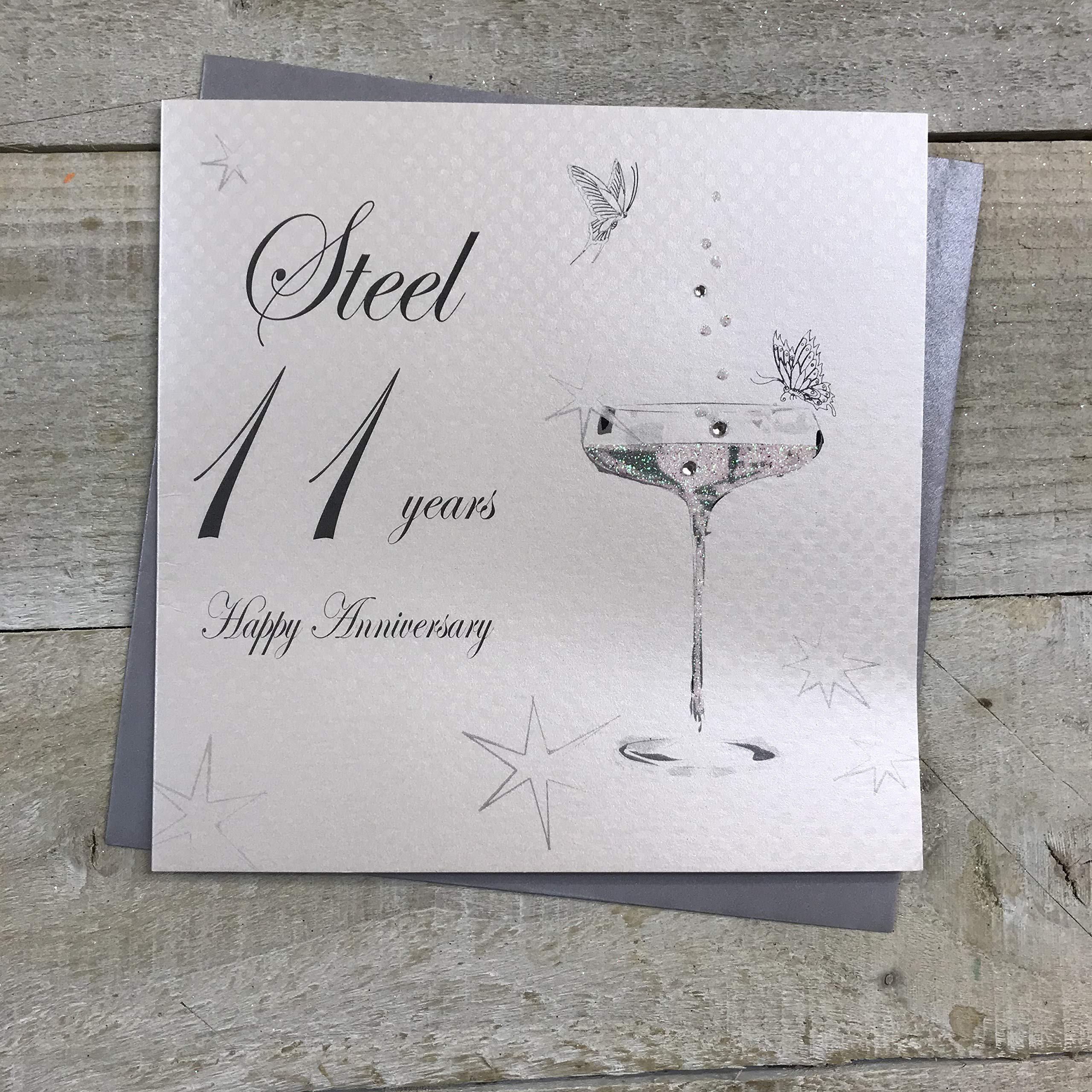 White Cotton Cards BD111C Coupe Glass "Happy Anniversary 'Steel' 11 Years" Handmade Anniversary Card, White