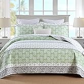 MEIZIZI Quilts Queen Size,Cotton Queen Comforter Set, Green Grey Bed Set,Striped Bedding,Lightweight Bedspreads All Season 3 Piece