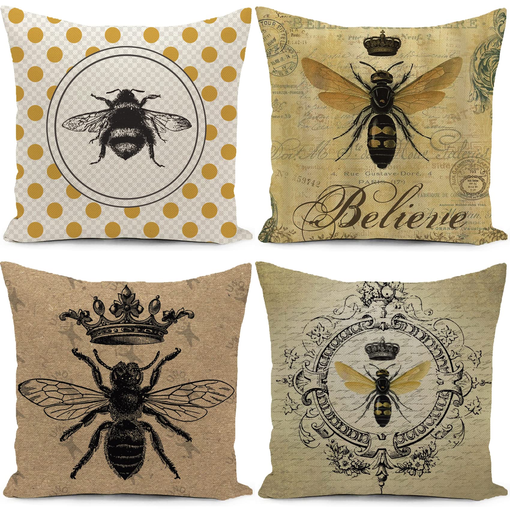 HUASHUZI Cushion Covers Bee Retro Yellow Pillow Covers Case For Decorative Sofa Back Throw Pillow Cover Home Office Car Decoration 18x18 Inch Set of 4